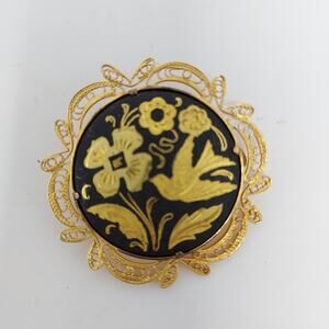 Damascene Brooch VIntage 1.5" Diameter Black Gold Filigree